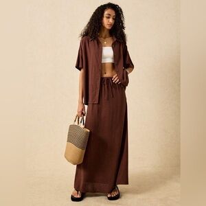 Chic Brown Button-Up Shirt & High-Waist Maxi Skirt – Elegant 2-Piece Set